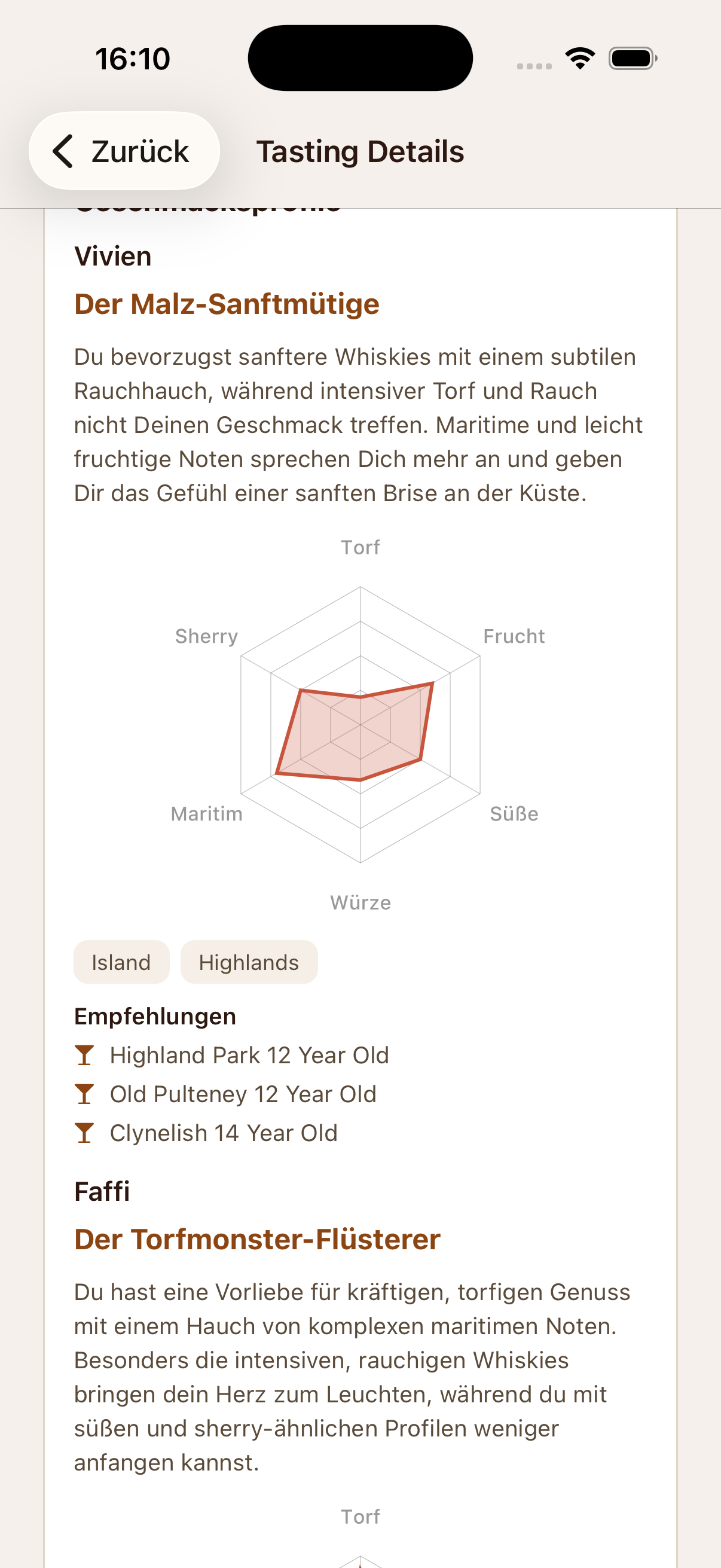 Persönliches Geschmacksprofil mit Radar-Chart