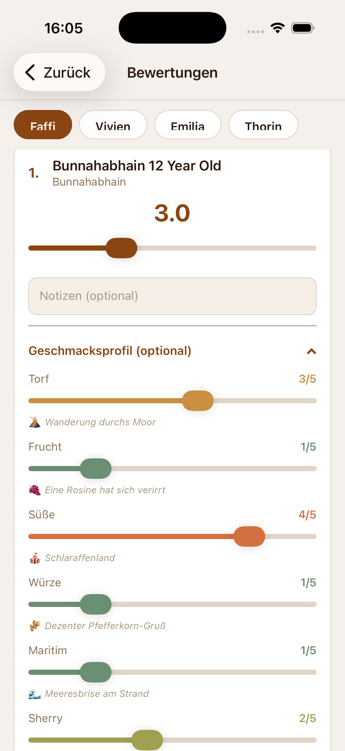 Geschmacksprofil mit Slider-Bewertung